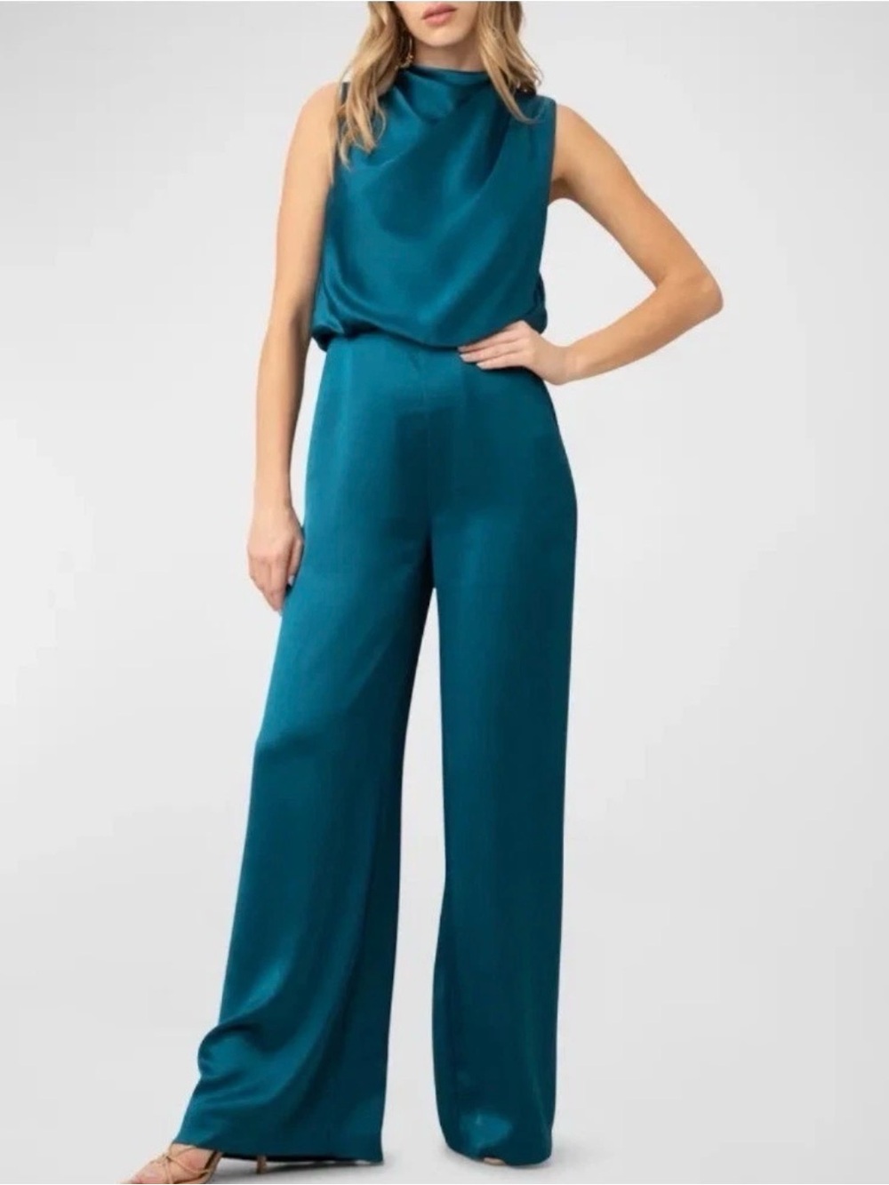 Trina Turk Womens Sleeveless Satin Jumpsuit With Mock Neck & Wide-Leg Pants